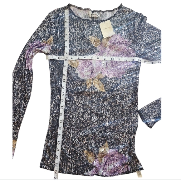 Free People Black and Purple Floral Sequin Long Sleeves Blouse Top - Picture 6 of 10